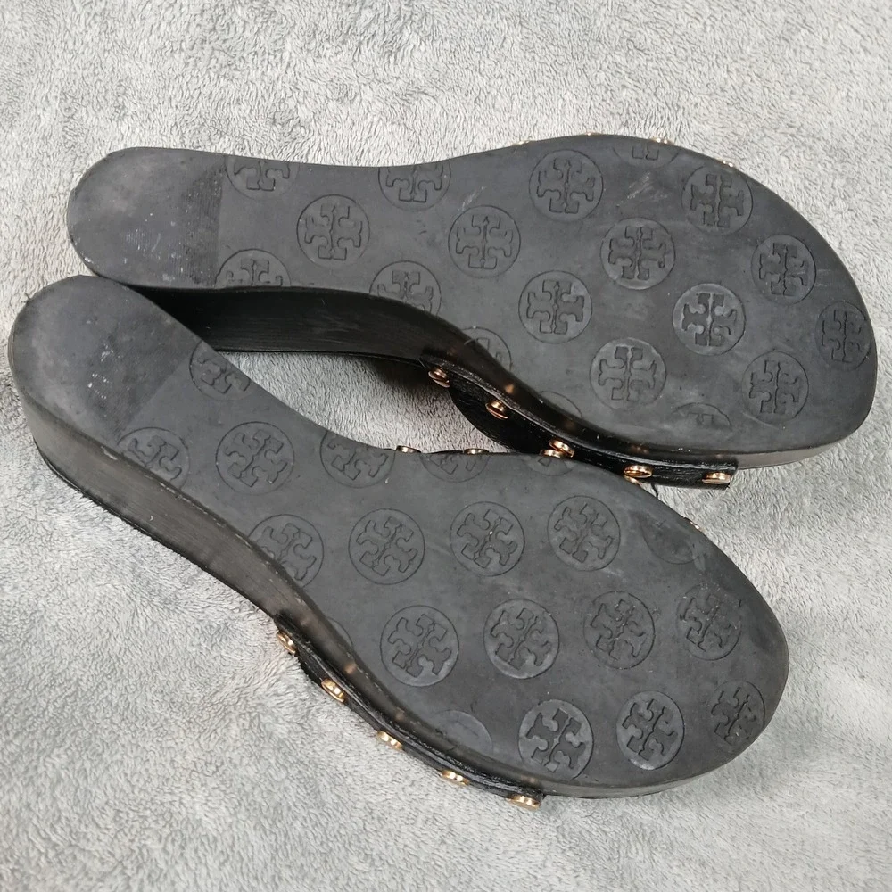 Tory Burch Wedge Sandals Womens 8M Miller Studded Clog Black Pebbled Leather